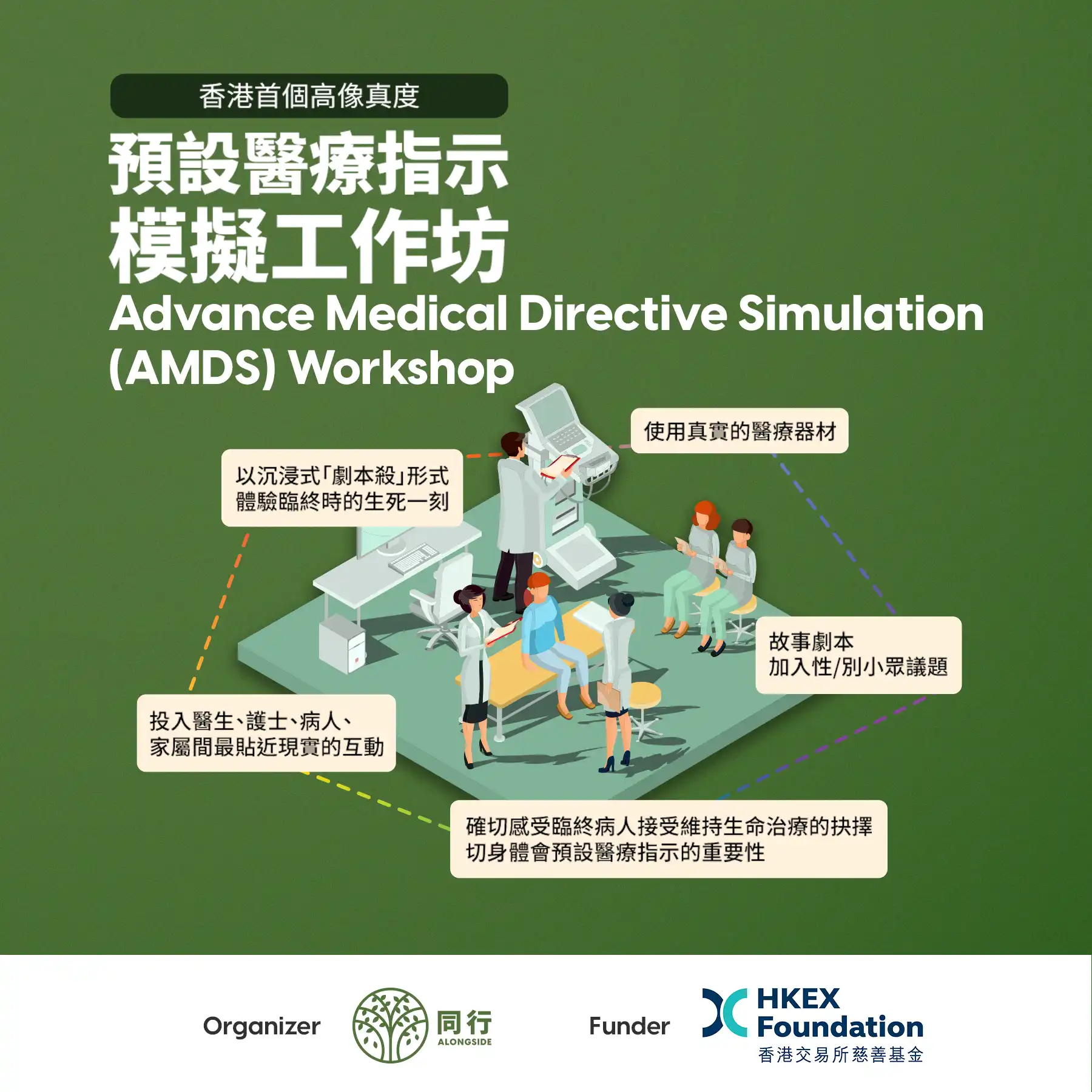 香港首個高像真度的預設醫療指示模擬工作坊，提供角色扮演體驗，探索預設醫療指示的重要性